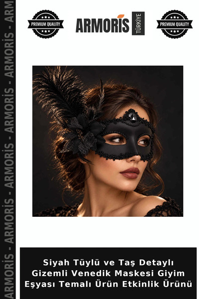 Armoris Mysterious Venetian Mask with Black Tulle Details and Stone Embellish...