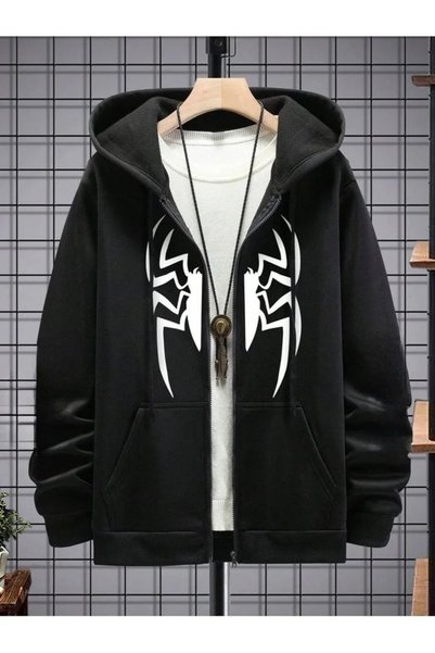 LOTS MODA Cardigan - Black Printed Winter Oversized Hooded Zippered Pocketed ...