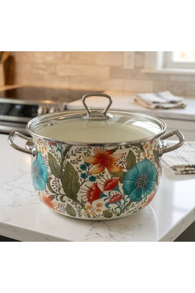 EMAYE EVİM 20 CM, 3-LITER VINTAGE ENAMEL POT WITH FLOWER DECOR AND STEEL HANDLES