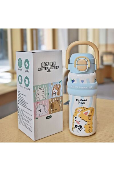 Generic Stainless Steel Vacuum Insulated Straw Cup Cartoon Handle Student Bottle