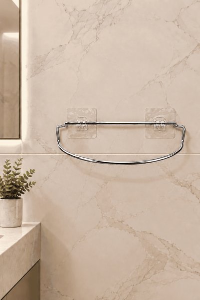 Edora Home Parlak Silver Şık Duvar Tipi Havluluk Delmeden Montaj, Yapışkanlı Modern Banyo Havlu Askısı