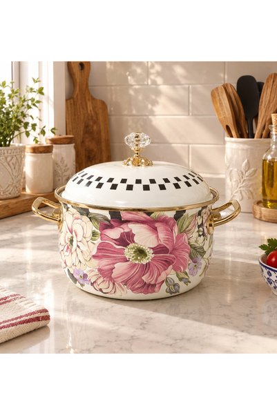 EMAYE EVİM 22 CM DIAMETER, 4-LITER CHECKERBOARD-PATTERN ENAMELED POT FOR MILK...