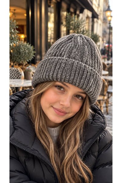 BALIENTE Anthracite Soft-Textured Corded Fabric Knit Girls' Beanie, Ages 7–12