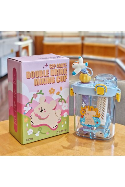 Generic Compartment Dual Drink Plastic Straw Cup Strap Kids Student Bottle