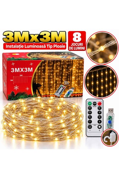 SHOP LIKE A PRO Instalație Luminoasă de Crăciun Tip Perdea, 3 x 3 Metri, Fir ...
