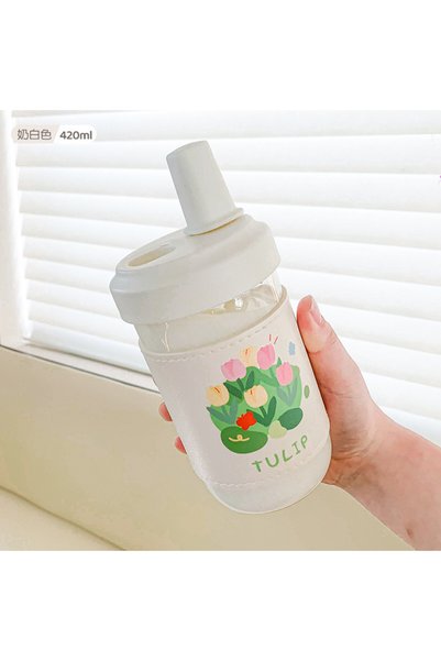 Generic كوب زجاجي من البوروسيليكات مع مصاصة، مناسب للعصير والحليب والشاي، محمول