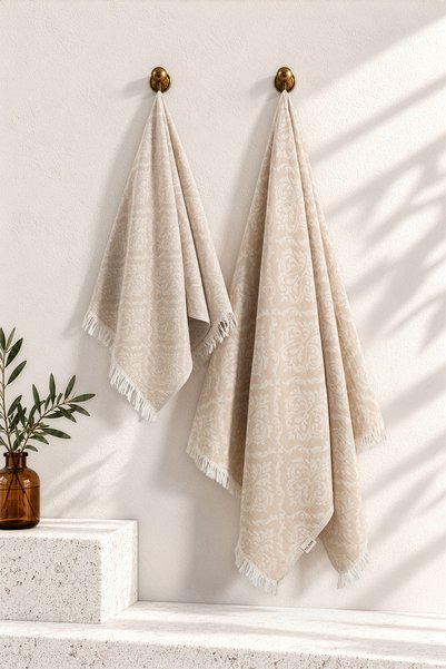 Denizli Concept Set de prosoape și peştamal cu model baroc, bej – 100% bumbac...