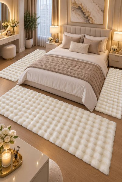 STY Home Krem Puffy Halı 3'lü Yatak Odası Halısı Yolluk Takımı 80x150 2 Adet ...