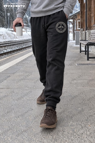 EFFRENATU Black Unisex Jogger Pants with Mountain and Peak Prints