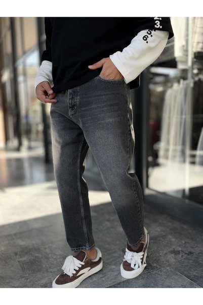 BYBASICMAN Blugi boyfriend cu efect de cusături, culoare antracit, model WE-3...