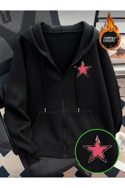 Dupe Design Printed Zipper Hooded Cardigan Unisex Oversize Black Hoodie Stree...