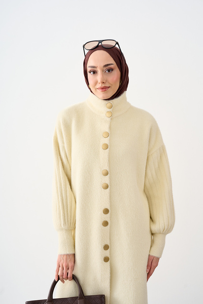 LOCCO Cardigan plisat din tricot pentru femei, de culoare crem, cu detalii cu...