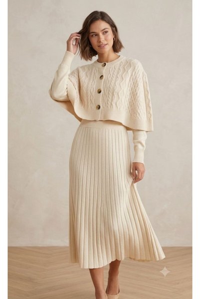 ALCHON Round-Neck Braided Short Poncho Cardigan, Long-Sleeve Midi Dress with ...