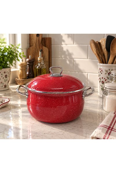 EMAYE EVİM 22 CM 4-LITER RED SPOTTED ENAMELED POT WITH STEEL HANDLE