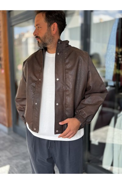 BYBASICMAN Μπουφάν Bomber από δέρμα με ανάγλυφη υφή καφέ DF-3419/3497