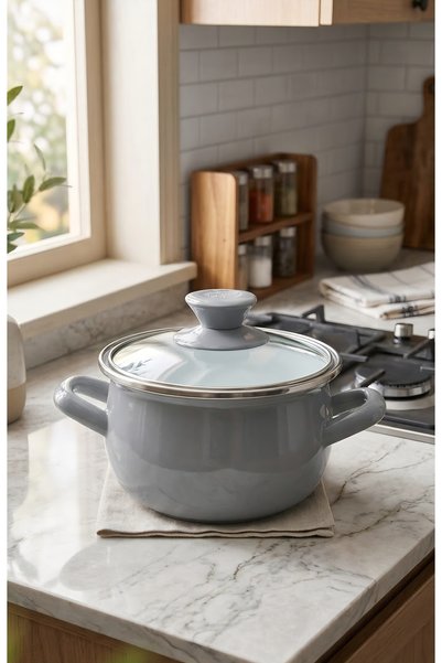 EMAYE EVİM GRAY 16 CM 1250 ML ENAMELED POT WITH ENAMELED LID