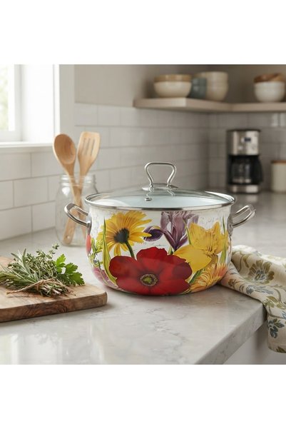 EMAYE EVİM 18 CM, 2-LITER FLOWER GARDEN ENAMELED POT WITH STEEL HANDLES