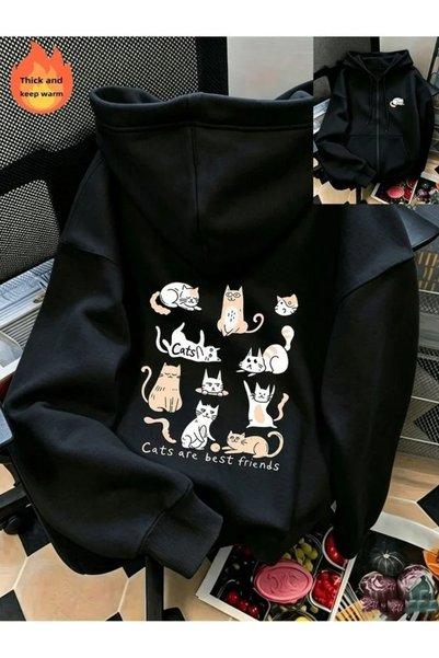 Dupe Design Printed Zipper Hooded Cardigan Unisex Oversize Black Hoodie Stree...