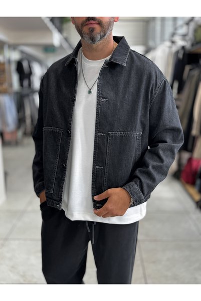 BYBASICMAN Jachetă de blugi oversize neagră cu buzunare în față DF-3501