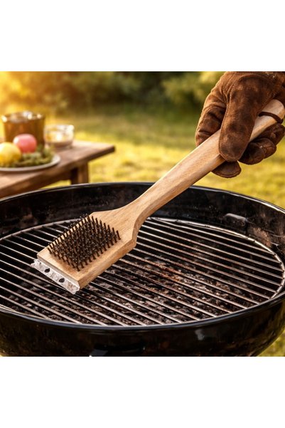 BBQ Βούρτσα καθαρισμού ψησταριάς 30 εκ., Ξύλινη λαβή με μεταλλικές τρίχες, Αν...