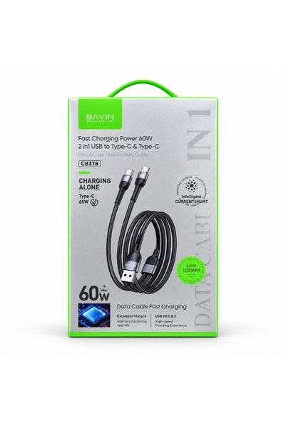 Bavin CB378 2-in-1 USB-A to Dual USB-C Braided Charging Cable, 60W, 1.2m