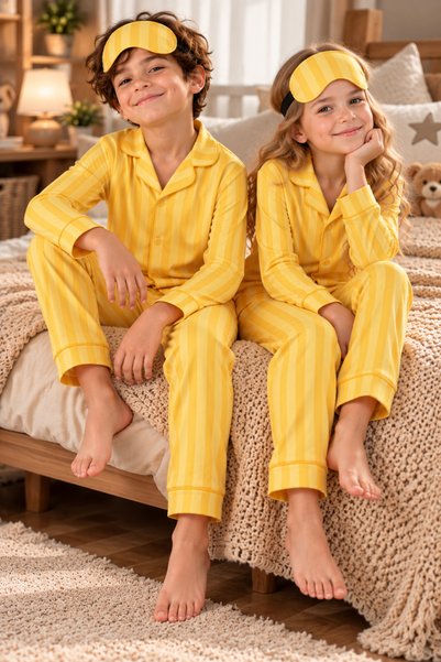 Free Beka Yellow and Mustard Striped Patterned Long-Sleeved Pajama Set for Bo...