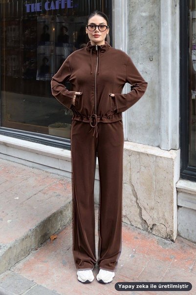 KECHİ WOMAN Modal Oysho Elastic-Waist Zipper Two-Piece Set, Brown