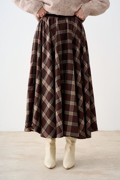 LOCCO Women's Plaid Skirt with Elastic Waistband, Brown