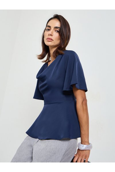 Take Two By Styli Navy Blue Cowl Neck Peplum Top with Short Sleeves