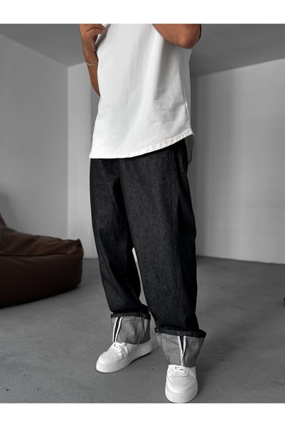 BYBASICMAN Anthracite Flared-Leg Baggy Jeans with Hem Detail YP-5013