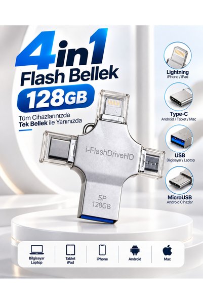 Çoklu Cihaz Uyumlu 128GB 4in1 USB Flash Bellek Lightning Type-C USB-A MicroUSB