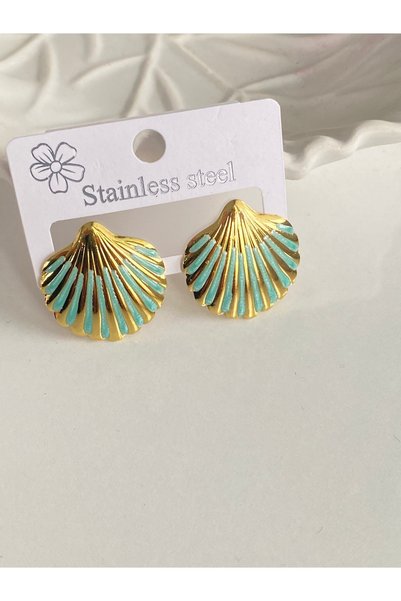 Ustaeller STEEL EARRINGS WITH SEA SHELL DESIGN IN TURQUOISE AND GOLD
