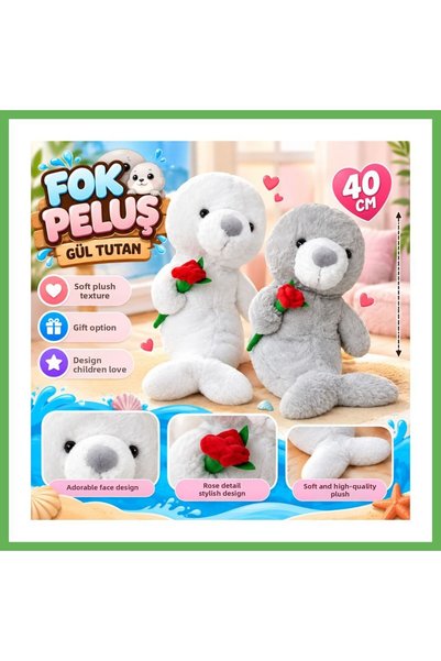 TheGencoo PL50252 40 CM Plush Seal Toy Holding a Rose GEN01