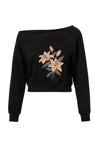 Trendyol Collection سويت شيرت محبوك بقصة واسعة وياقة قاربية وطبعة زهور سوداء ...
