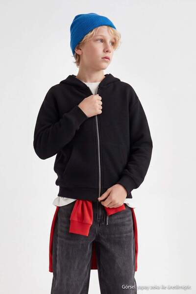 TRENDYOLKIDS Black Boys' Plain-Knit Long-Sleeve Hooded Sweatshirt TKDAW27SW00056