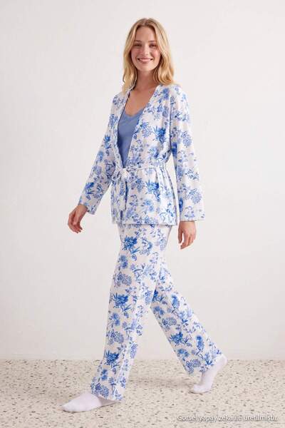 Trendyol Collection White-Blue 3-Piece Cotton Floral Lycra Soft Touch Knitted...