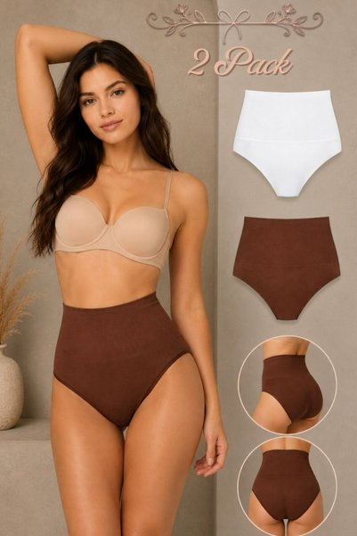 Şeker Portakalım Women's Gathering High Elastic 2-Piece Panties Brown-White