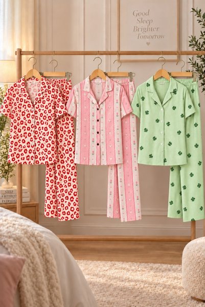 silver&fashion 3-Piece Women's Short-Sleeve Comfort Pajama Set, Green