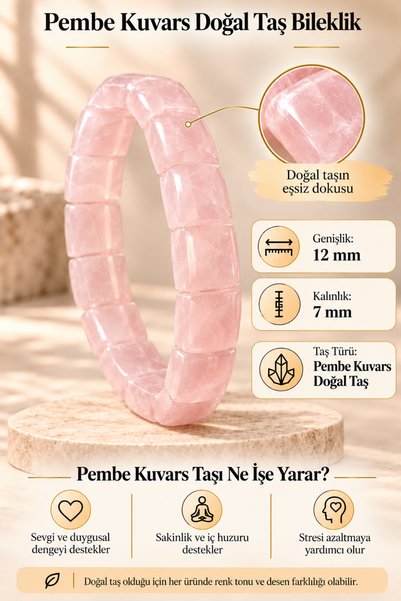 OSMANLI GÜMÜŞ Women's Natural Stone Bracelet Pink Quartz Natural Stone Bracelet