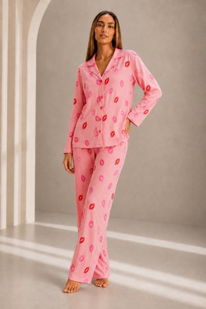 silver&fashion Women's Front Buttoned Long Sleeve Pink Pajama Set