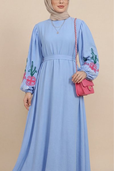 Modamorfo Rochie cu mâneci și curea, cu broderie Balon Süzene - albastru