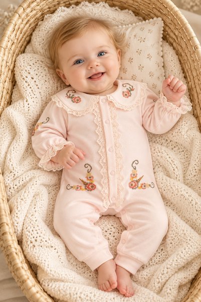 Cherub Baby Kanaviçe Nakışlı Kız Bebek Yenidoğan Tulum