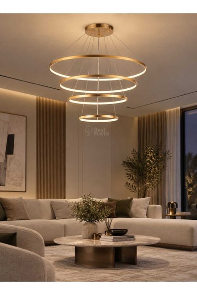 best power Modern 4 Tier Circle Rings Led Lighting Gold Hanging Ceiling Chand...
