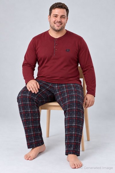 PİJAPİA Men's Long Sleeve Thermal Plus Size Pajama Set Claret Red
