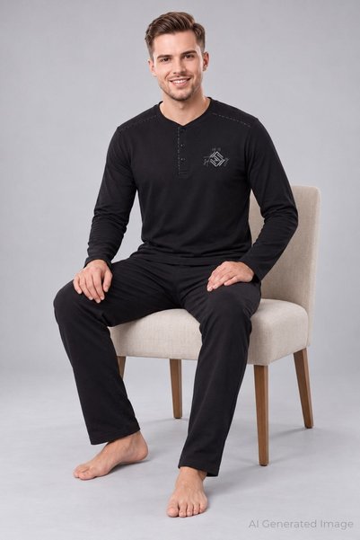 PİJAPİA Men's Buttoned Long Sleeve Pajama Set Black 100% Cotton