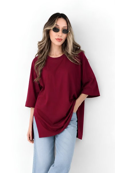 MOVİMENT Plus Size T-Shirts - Burgundy - Oversize