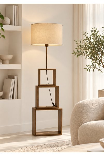 HOMİNG Trio Hareketli Modern Raflı Lambader Sütlü Kahve