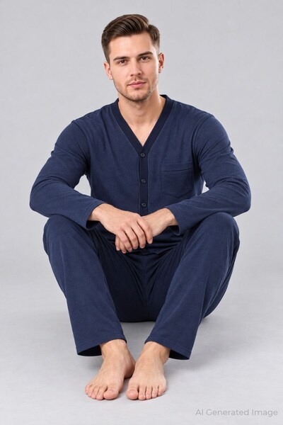 PİJAPİA Men's Buttoned Long Sleeve Pajama Set Navy Blue 100% Cotton