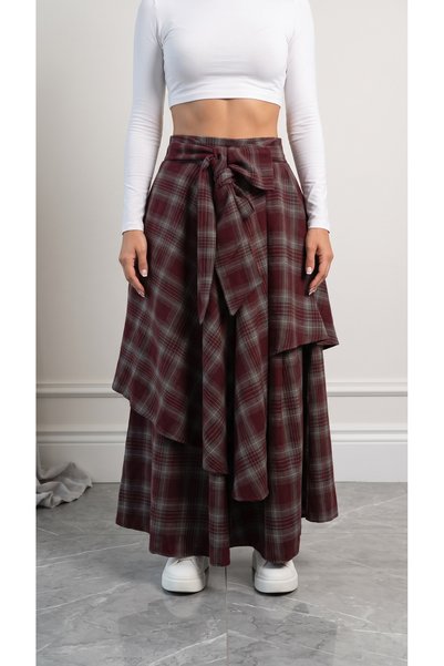 Cream&Rouge EKOSELİ BAĞLAMALI BORDO GRİ KARIŞIMI RENK KLOŞ PANTOLON ETEK