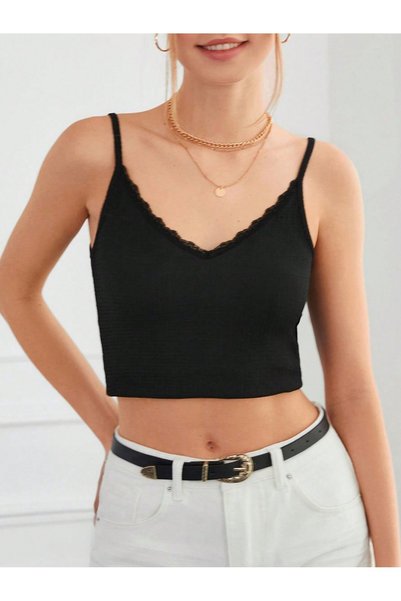 MOVİMENT Black Lace Detail Fitted Slim Strap Tank Top